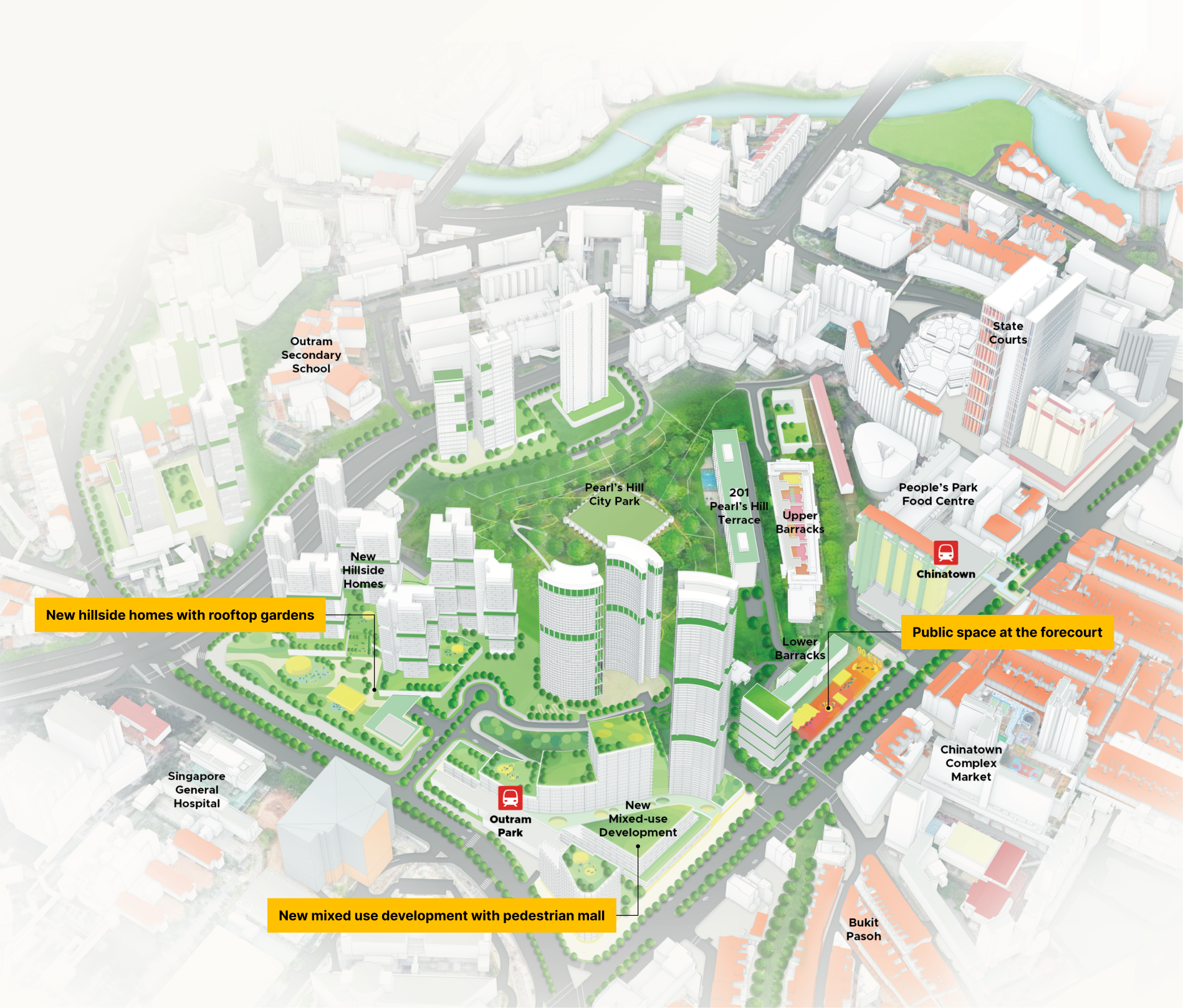 Architectural model of a city, showcasing various buildings, parks, and streets, with labels for key locations like "Chinatown" and "Outram Park".